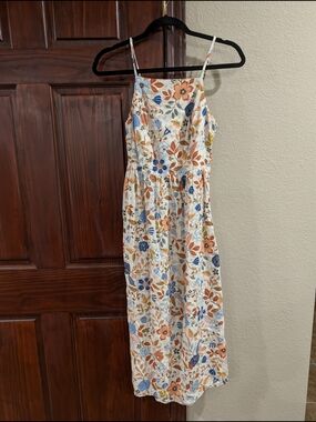 Old Navy Cream Floral Spaghetti-Strap Midi Dress with Blue and Orange Accents